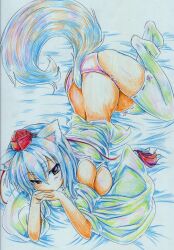  animal_ears ass bad_id bad_pixiv_id bare_shoulders breasts clothes_lift colored_pencil_(medium) detached_sleeves female grey_hair hat highres inubashiri_momiji kitazinger large_breasts panties pink_panties red_eyes shirt_lift short_hair sideboob solo tail thighhighs tokin_hat touhou traditional_media underwear white_thighhighs wide_sleeves wolf_ears wolf_tail 