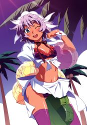  ;d absurdres apron bikini blue_eyes breasts cleavage dark-skinned_female dark_skin female frilled_bikini frills heart highres maid_headdress medium_breasts navel one_eye_closed open_mouth original palm_tree photoshop_(medium) purple_hair purple_thighhighs ribbon scan short_hair smile solo striped_bikini striped_clothes sunlight swimsuit tanto_cuore thighhighs tree watanabe_akio wrist_cuffs 