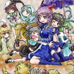  6+girls alternate_hair_color anchor animal_ears black_hair blonde_hair blue_dress capelet closed_eyes commentary_request dress gem gradient_hair green_eyes green_hair grey_eyes grey_hair hair_ornament hat heart hijiri_byakuren hood houjuu_nue hug jewelry juliet_sleeves karakasa_obake kneeling kumoi_ichirin long_hair long_sleeves mouse_(animal) mouse_ears mouse_tail multicolored_hair multiple_girls murasa_minamitsu nanashii_(soregasisan) nazrin neckerchief necklace one_eye_closed open_mouth pendant puffy_sleeves purple_hair purple_umbrella red_eyes sailor_dress sailor_hat shirt short_hair short_sleeves shorts sitting skirt smile tail tatara_kogasa tiger toramaru_shou touhou umbrella undefined_fantastic_object unzipped very_long_hair vest wide_sleeves 