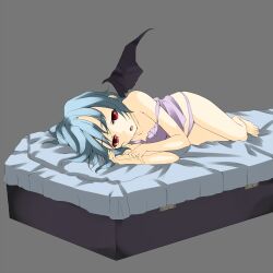  bare_shoulders barefoot bat_wings bed blue_hair commentary_request female lying on_side open_mouth panties red_eyes remilia_scarlet short_hair solo strap_slip touhou unasaka_ryou underwear underwear_only wings 