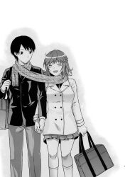  1boy amagami bag couple female greyscale highres holding_hands interlocked_fingers jacket monochrome non-web_source pleated_skirt sakurai_rihoko scarf school_uniform shared_clothes shared_scarf short_hair skirt smile straight tachibana_jun&#039;ichi yuzuki_n_dash 