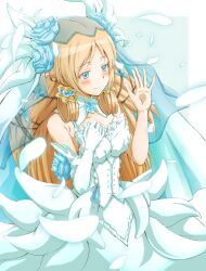  blue_eyes blush brown_hair commentary_request dress elbow_gloves female flower gloves hair_flower hair_ornament hair_tubes hand_on_own_chest jewelry long_hair margaret_(rune_factory) petals pointy_ears ring rune_factory rune_factory_4 single_glove smile solo suneo_(goten) wedding_dress 