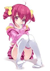  ahoge bad_id bad_pixiv_id blush breasts casual clothes_between_thighs collarbone drill_hair female full_body hood hoodie hoshizora_miyuki medium_breasts open_clothes open_hoodie pink_eyes pink_hair precure sitting skirt smile_precure solo thighhighs twin_drills twintails white_background white_thighhighs yukiwo 