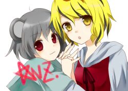  2girls animal_ears bad_id bad_pixiv_id black_hair blonde_hair capelet grey_hair hair_ornament holding_hands interlocked_fingers kanasaki mouse_ears multicolored_hair multiple_girls nazrin open_mouth red_eyes smile toramaru_shou touhou two-tone_hair white_background 