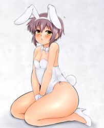  animal_ears bare_legs bare_shoulders between_thighs blush breasts cleavage commentary_request detached_collar fake_animal_ears female glasses hairband high_heels looking_at_viewer medium_breasts nagato_yuki official_alternate_costume playboy_bunny plump purple_hair rabbit_ears rabbit_tail shoes short_hair sitting solo suzumiya_haruhi_no_yuuutsu tail thick_thighs thighs wrist_cuffs yellow_eyes yukirin_(nagatoyuki_ibukifuko) 