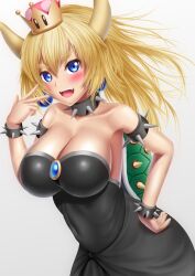  armlet bare_shoulders black_dress blonde_hair blue_eyes blush bowsette bracelet breasts brooch cleavage collar collarbone crown dress earrings female highres horns jewelry large_breasts long_hair looking_at_viewer mario_(series) masatoki new_super_mario_bros._u_deluxe open_mouth ponytail smile solo spiked_armlet spiked_bracelet spiked_collar spiked_shell spikes super_crown 