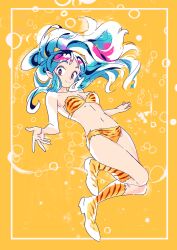  air_bubble animal_print bikini blue_hair boots breasts bubble cone_horns female highres horns looking_at_viewer lum navel oni orange_eyes pointy_ears print_bikini print_footwear shirayujk small_breasts smile solo strapless strapless_bikini swimsuit tiger_print urusei_yatsura 