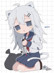  ahoge animal_ears bandaid bandaid_on_cheek bandaid_on_clothes bandaid_on_face bandaid_on_knee bandaid_on_leg blood blood_on_knife cat_ears cat_girl cat_tail commentary female full_body grey_eyes grey_hair grey_sailor_collar grey_skirt grid_background hair_ornament hairpin highres holding holding_knife knife long_hair long_sleeves looking_at_viewer neckerchief original pleated_skirt ponoberu_(ponopi) red_neckerchief sailor_collar school_uniform seiza serafuku sitting skirt solo symbol-only_commentary tail trash_bag white_background 