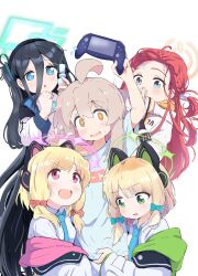  5girls ahoge animal_ear_headphones animal_ears aris_(blue_archive) blonde_hair blue_archive blue_eyes bottle bow cat_ear_headphones controller crossover fake_animal_ears game_controller game_development_department_(blue_archive) genderswap_(mtf) green_eyes hairbow halo headphones highres implied_futanari implied_penis_grab jacket long_hair looking_at_another medium_hair midori_(blue_archive) momoi_(blue_archive) multiple_girls murairamuraiari necktie onii-chan_wa_oshimai! open_clothes open_jacket open_mouth orange_eyes oyama_mahiro pink_hair red_eyes rule_63 shirt sweatdrop t-shirt yuzu_(blue_archive) 