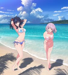  2girls beach bikini black_hair blue_eyes blue_sky breasts cloud cumulonimbus_cloud day detached_sleeves full_body gridman_universe horizon kojima_hirokazu large_breasts layered_bikini leaning_forward long_hair looking_at_viewer medium_breasts multiple_girls navel ocean official_art open_mouth pink_hair red_eyes shinjou_akane short_hair side-tie_bikini_bottom sky smile ssss.gridman swimsuit takarada_rikka takeyan_(774gon) water white_bikini 