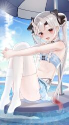  bikini bikini_skirt black_bow blue_bikini blush bow breasts cloud day female grey_hair hairbow highres hololive horns interlocked_fingers knees_up long_hair looking_at_viewer multicolored_hair nakiri_ayame nakiri_ayame_(hololive_summer_2019) navel no_shoes official_alternate_costume open_mouth outdoors own_hands_together red_eyes red_hair sitting skin-covered_horns small_breasts smile solo stomach streaked_hair swimsuit thighhighs tojo_aoi twintails virtual_youtuber water wet white_thighhighs 