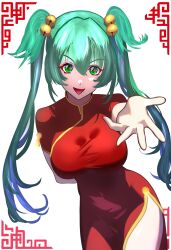  absurdres bell breasts china_dress chinese_clothes commission cui_yifei dress female green_eyes green_hair hair_bell hair_between_eyes hair_ornament highres kisaragi9a large_breasts long_hair looking_at_viewer muv-luv muv-luv_alternative muv-luv_total_eclipse pelvic_curtain reaching reaching_towards_viewer red_dress side_slit skeb_commission smile solo twintails two_side_up very_long_hair 