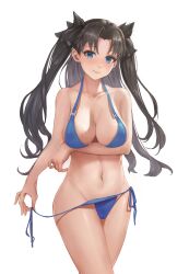  absurdres bikini black_hair black_ribbon blue_bikini blue_eyes breasts cowboy_shot fate/stay_night fate_(series) female hair_ribbon highres kker7435 large_breasts long_hair looking_at_viewer navel ribbon side-tie_bikini_bottom simple_background smile solo standing swimsuit tohsaka_rin two_side_up very_long_hair white_background 