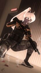  3d_(artwork) absurd_res anthro blue_eyes bulletproof_vest clothing cybernetic_arm cybernetic_limb digital_media_(artwork) fan_character felid female fur gold_(metal) gun hair hi_res leggings legwear leopard ludexus mammal nirvana_(ludexus) pantherine ponytail ranged_weapon shell_(projectile) shirt shotgun shotgun_shell smoke solo source_filmmaker_(artwork) tactical_gear tank_top topwear weapon white_body white_fur white_hair 