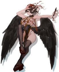  absurdres alternate_costume bare_arms bird_wings black_hair black_nails black_panties black_thighhighs black_wings breast_curtains breasts feathered_wings fingernails full_body geta hat highres holding long_fingernails medium_breasts panties pelvic_curtain pom_pom_(clothes) red_footwear red_hat ribbon_between_breasts shameimaru_aya short_hair simple_background solo tengu-geta thighhighs tokin_hat tomatolover16 touhou underwear white_background wings 