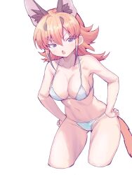  animal_ears bikini black_hair blue_eyes breasts caracal_(kemono_friends) extra_ears female frown hands_on_own_hips highres houkokukokui kemono_friends large_breasts looking_at_viewer multicolored_hair navel open_mouth orange_hair orange_tail short_hair solo swimsuit tail white_bikini 