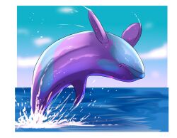  ambiguous_gender blue_body blue_sky cetacean cloud dolphin dorsal_fin feral fin imperatorcaesar mammal marine markings oceanic_dolphin orca pink_eyes pink_spots purple_body sea sky solo splash spots spotted_body toothed_whale upside-down water 