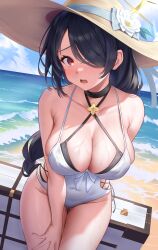  absurdres bare_arms bare_legs bare_shoulders beach black_hair blue_archive blush breasts cleavage collarbone cowboy_shot female hair_over_one_eye halo hand_on_own_hip hat highres hinata_(blue_archive) hinata_(swimsuit)_(blue_archive) hirahiragi_(h1rqg1) large_breasts long_hair ocean official_alternate_costume one-piece_swimsuit open_mouth outdoors red_eyes solo swimsuit white_one-piece_swimsuit yellow_halo 