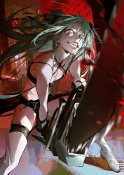  aqua_hair bare_arms bare_shoulders black_cape black_shorts blood blood_splatter boots breasts cape chainsaw city cleavage crazy_eyes crazy_smile crop_top female foot_out_of_frame green_eyes highres holding holding_chainsaw incoming_attack looking_at_viewer open_mouth path_to_nowhere rain road sharp_teeth shorts sleeptight small_breasts smile solo street teeth thigh_boots traffic_light two_side_up waist_cape wendy_(path_to_nowhere) white_footwear 