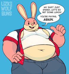  anthro arcade_bunny belly belly_overhang big_belly blue_background bottomwear clothed clothing cyan_background digital_media_(artwork) english_text financial_domination grinning_at_viewer hi_res jacket lagomorph leporid looking_at_viewer male mammal nintendo nintendo_badge_arcade overweight overweight_male pants rabbit raised_clothing raised_shirt raised_tank_top raised_topwear shirt shirt_up simple_background solo solo_focus speech_bubble talking_to_viewer tank_top text topwear wolfbuns 