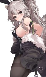  adapted_costume animal_ears appleseed_(appleseed_art) bare_shoulders black_jacket black_leotard black_pantyhose blush breasts commentary_request covered_nipples fake_animal_ears female fur-trimmed_jacket fur_trim grey_hair high_ponytail highres hololive jacket leotard lion_ears lion_girl lion_tail long_hair looking_at_viewer medium_breasts off_shoulder pantyhose playboy_bunny rabbit_ears shishiro_botan shishiro_botan_(1st_costume) sideboob simple_background smile solo strapless strapless_leotard tail virtual_youtuber white_background 