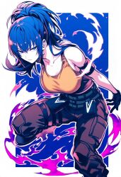  arm_pouch bare_shoulders belt blue_eyes blue_hair boots breasts cargo_pants closed_mouth combat_boots crop_top earrings female gloves highres jewelry leona_heidern pants ponytail sleeveless soldier solo tank_top the_king_of_fighters the_king_of_fighters_xv triangle_earrings yellow_tank_top 