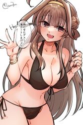  ahoge bikini black_bikini blush bracelet breasts brown_hair collarbone cowboy_shot double_bun female hair_bun highres jewelry kantai_collection kongou_(kancolle) long_hair matsunaga_(haku) nail_polish open_mouth red_nails solo speech_bubble swimsuit 