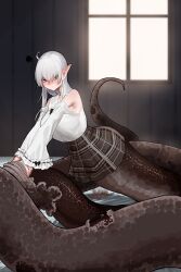  absurdres bare_shoulders black_eyes blush breasts ekrea_jan female highres lamia large_breasts long_hair looking_at_viewer monster_girl original pointy_ears shedding shedding_skin skirt solo white_hair 