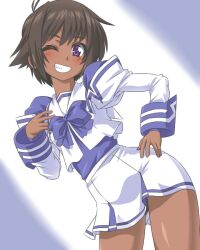  bow brown_hair dark-skinned_female dark_skin female hakuryou_high_school_uniform juliet_sleeves long_sleeves looking_at_viewer miniskirt muv-luv muv-luv_alternative muv-luv_total_eclipse one_eye_closed puffy_sleeves purple_bow purple_eyes r50354110 school_uniform short_hair skirt smile solo tarisa_manandal 