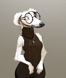  2024 5_fingers anthro bottomwear breasts canid canine canis clothed clothing discreet_user domestic_dog eyewear female fingers front_view fur glasses hi_res jewelry mammal necklace shirt simple_background skirt sleeveless_shirt solo topwear white_body white_fur yellow_eyes 