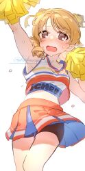  :o @_@ arm_up armpits bike_shorts bike_shorts_under_skirt blonde_hair blush cheering cheerleader cone_hair_bun drill_hair feet_out_of_frame female hair_bun highres holding holding_pom_poms idolmaster idolmaster_cinderella_girls looking_ahead miniskirt morikubo_nono pleated_skirt pom_pom_(cheerleading) shisui_(5830217) simple_background skirt solo sports_bra sweat tears twitter_username white_background white_sports_bra 