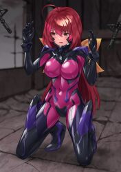  absurdres ahoge blush bodysuit breasts clenched_teeth female fortified_suit frown gun hands_up highres kagami_sumika kurione_(zassou) long_hair looking_at_viewer low_ponytail medium_breasts muv-luv muv-luv_alternative pink_bodysuit red_eyes red_hair ribbon shiny_clothes sidelocks skin_tight solo teeth weapon yellow_ribbon 