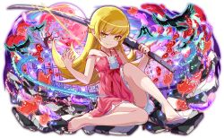  4others bakemonogatari bare_arms bare_legs bare_shoulders barefoot bird black_bird blonde_hair blush_stickers cel_shading closed_mouth collarbone crash_fever dress feathers feet female flipped_hair frilled_dress frills full_body full_moon game_cg hands_up holding holding_sword holding_weapon katana knee_up kokorowatari legs lens_flare long_hair monogatari_(series) moon multiple_others official_art ootachi oshino_shinobu outdoors outline petite pink_dress pointy_ears purple_feathers red_moon red_outline short_dress sidelocks sleeveless sleeveless_dress solo_focus strap_slip sword tachi-e thighs toenails toes transparent_background weapon yellow_eyes 