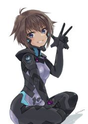  armored_bodysuit blue_bodysuit blue_eyes bodysuit breasts brown_hair covered_nipples dark-skinned_female dark_skin female fortified_suit fox_shadow_puppet highres impossible_bodysuit impossible_clothes jun_(rellik_&amp;_redrum) looking_at_viewer muv-luv muv-luv_alternative muv-luv_total_eclipse pilot_suit short_hair skin_tight small_breasts smile solo tarisa_manandal w 