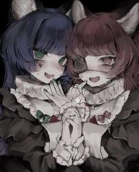  2girls @_@ animal_ears bandaged_hand bandages bell black_background blue_hair blush bow cat_ears cat_girl commentary_request dress eyepatch frilled_cuffs frilled_shirt_collar frilled_sleeves frills green_bow green_eyes green_nails hand_grab hand_on_own_chin highres jingle_bell kamitsubaki_studio long_hair long_sleeves looking_at_viewer looking_to_the_side manuka_x_x medical_eyepatch multiple_girls neck_ruff neffy_(valis) oerba_yun_fang open_mouth pink_nails pinky_out puffy_long_sleeves puffy_sleeves rara_(valis) red_bow red_eyes red_hair simple_background sinsekai_studio sparkle_facial_mark sweat upper_body valis_(sinsekai) white_bow 