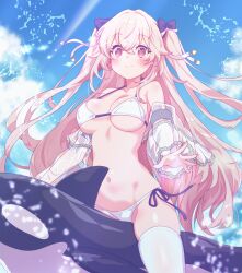  anchorage_(azur_lane) anchorage_(dolphins_and_swim_lessons)_(azur_lane) arbiter1 arm_belt azur_lane bikini black_ribbon blue_sky blush breasts closed_mouth cloud cloudy_sky collarbone commentary_request day female fingernails hair_between_eyes hair_ribbon heart highres large_breasts long_hair looking_at_viewer mixed-language_commentary nail_polish navel orca outdoors pink_eyes pink_nails ribbon riding see-through see-through_sleeves side-tie_bikini_bottom sky smile splashing stomach swimsuit thighs two_side_up white_bikini white_sleeves 