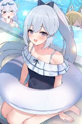  &gt;_&lt; 3girls absurdres bare_arms bare_legs bare_shoulders barefoot black_one-piece_swimsuit blonde_hair blue_archive blue_halo blush braid casual_one-piece_swimsuit collarbone frilled_one-piece_swimsuit frills grey_hair hair_between_eyes halo heart heart-shaped_pupils highres innertube kanna_(blue_archive) kanna_(swimsuit)_(blue_archive) kirino_(blue_archive) kirino_(swimsuit)_(blue_archive) long_hair looking_at_viewer mi_taro333 miyako_(blue_archive) miyako_(swimsuit)_(blue_archive) multiple_girls off-shoulder_one-piece_swimsuit off_shoulder official_alternate_costume one-piece_swimsuit open_mouth ponytail pool purple_eyes shirt single_braid smile swim_ring swimsuit symbol-shaped_pupils toes water whistling white_shirt 