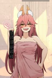  animal_ear_fluff animal_ears breasts condom condom_packet_strip condom_wrapper fate/grand_order fate_(series) female fox_ears fox_girl hair_between_eyes hair_down heart highres holding holding_condom large_breasts long_hair looking_at_viewer naked_towel open_mouth orange_eyes pink_hair pink_towel solo standing tamamo_(fate) tamamo_no_mae_(fate/extra) teeth towel upper_teeth_only very_long_hair ystrann 