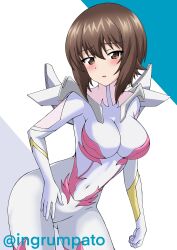  absurdres blush bodysuit breasts brown_eyes brown_hair cosplay covered_navel embarrassed female girls_und_panzer gundam gundam_seed highres kyomeihibiki lacus_clyne lacus_clyne_(cosplay) large_breasts looking_at_viewer nishizumi_maho open_mouth pilot_suit short_hair simple_background solo voice_actor_connection white_bodysuit 