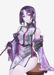  breasts detached_sleeves earrings fate/grand_order fate_(series) female highres jewelry kker7435 large_breasts long_hair looking_at_viewer low-tied_long_hair minamoto_no_raikou_(fate) parted_bangs purple_eyes purple_hair sitting smile solo tabard very_long_hair 