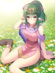  blush cape cosplay dress female fire_emblem fire_emblem:_mystery_of_the_emblem fire_emblem_awakening green_eyes green_hair highres if_oki long_hair pink_cape pink_dress pointy_ears ponytail short_dress solo tiara tiki_(adult)_(fire_emblem) tiki_(fire_emblem) tiki_(young)_(fire_emblem) tiki_(young)_(fire_emblem)_(cosplay) 