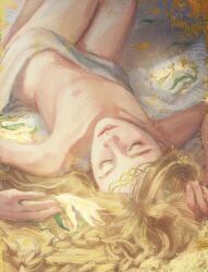  1boy absurdly_long_hair absurdres blonde_hair braid closed_eyes closed_mouth covered_groin elden_ring flower highres long_hair lying miquella_(elden_ring) nakadai_chiaki nipples nude on_back thighs very_long_hair 