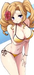  bikini blonde_hair blue_eyes blush bracelet breasts cleavage cowboy_shot drill_hair female flower hair_ornament highres honolulu_(kancolle) jewelry kantai_collection large_breasts long_hair looking_at_viewer open_mouth side-tie_bikini_bottom simple_background solo swimsuit twin_drills twintails unagiman wet_face white_background yellow_bikini 