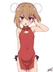  adjusting_hair aisaka_taiga alternate_costume alternate_hairstyle breasts brown_eyes brown_hair bun_cover china_dress chinese_clothes commentary covered_navel cowboy_shot double_bun dress english_commentary female hair_bun highres koonowen looking_at_viewer medium_hair red_dress side_slit signature simple_background sleeveless sleeveless_dress small_breasts solo standing toradora! v-shaped_eyebrows white_background 