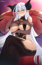  99illust absurdres albion_(azur_lane) albion_(silvermoon_faerie_princess)_(azur_lane) artist_name azur_lane bare_hips bare_shoulders black_dress black_horns blue_eyes breasts brown_gloves clothing_cutout crossed_legs curled_horns demon_girl demon_horns demon_wings dress elbow_gloves english_commentary female forward_facing_horns fur-trimmed_gloves fur_trim gem gloves gold_trim hair_between_eyes highres hip_vent horns huge_breasts large_horns long_hair long_pointy_ears looking_at_viewer official_alternate_costume pointy_ears red_gemstone sitting solo underboob underboob_cutout very_long_hair white_hair wings 