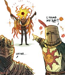  ! !! +++ ... 1other 2boys arms_up artist_name bloody_wolf_(elden_ring) commentary dark_souls_(series) dark_souls_i elden_ring elden_ring:_shadow_of_the_erdtree english_commentary english_text fire helm helmet highres holding holding_sword holding_weapon meme midra_lord_of_frenzied_flame multiple_boys pointing pointing_at_another rashuu shawl simple_background solaire_of_astora sparkle sword tarnished_(elden_ring) twitter_username two_soyjaks_pointing_(meme) weapon white_background yellow_shawl 