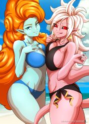  2girls absurdres android_21 aqua_skin bare_shoulders beach bikini black_bikini black_nails blue_bikini blue_eyes blue_nails blurry blurry_background breasts collarbone colored_skin cowboy_shot curly_hair dragon_ball dragon_ball_fighterz dragon_ball_z earrings highres hoop_earrings jewelry large_breasts long_sleeves majin_android_21 multiple_girls navel ocean orange_hair pea-bean pink_hair pink_skin pink_tail pointy_ears red_eyes smile spiked_hair swimsuit tongue tongue_out zangya 