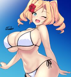  bikini blonde_hair blue_eyes breasts drill_hair female flower hair_flower hair_ornament highres honolulu_(kancolle) honolulu_(swimsuit_mode)_(kancolle) huge_breasts kantai_collection long_hair looking_at_viewer montemasa navel official_alternate_costume one_eye_closed open_mouth red_flower side-tie_bikini_bottom smile solo string_bikini swimsuit twin_drills twintails white_bikini 