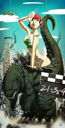  bandana breasts car clapper_board cleavage costume destruction female figure godzilla godzilla_(series) helicopter kaijuu ladder midriff model movie_set panties smoke sweating toho_(film_company) underwear white_panties 