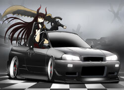  akiran_(r32) black_gold_saw black_rock_shooter brown_hair car chains claws commentary female king_saw motor_vehicle nissan nissan_skyline nissan_skyline_r34 red_eyes solo sword vehicle_focus weapon 